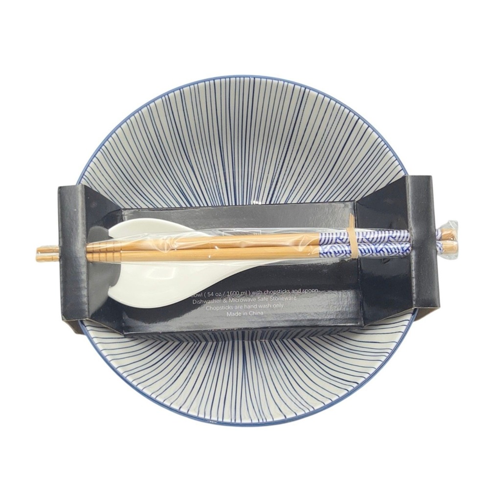 SH Home Blue White Striped Ceramic Ramen Noodle Bowl Set 54oz Chopsticks & Spoon